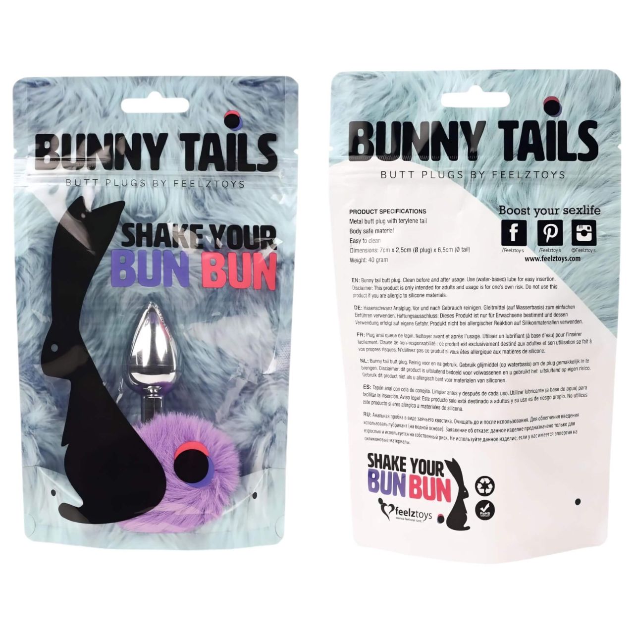 FEELZTOYS Bunny Tails - fém anál plug nyuszifarokkal (ezüst-lila)