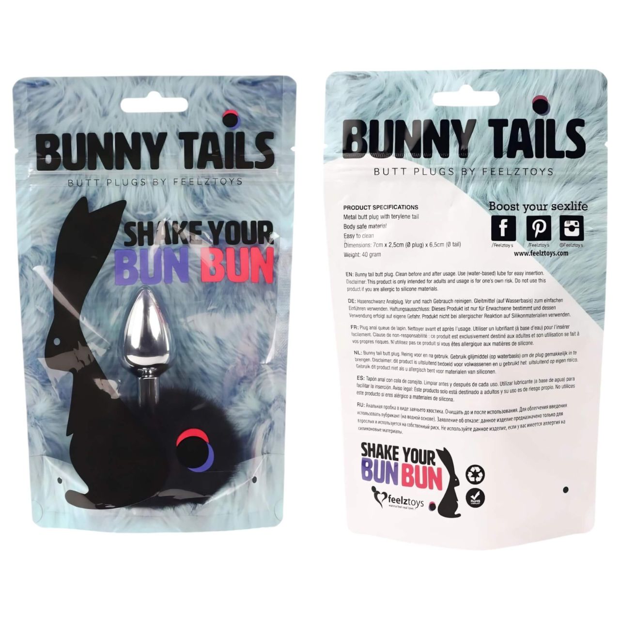 FEELZTOYS Bunny Tails - fém anál plug nyuszifarokkal (ezüst-fekete)