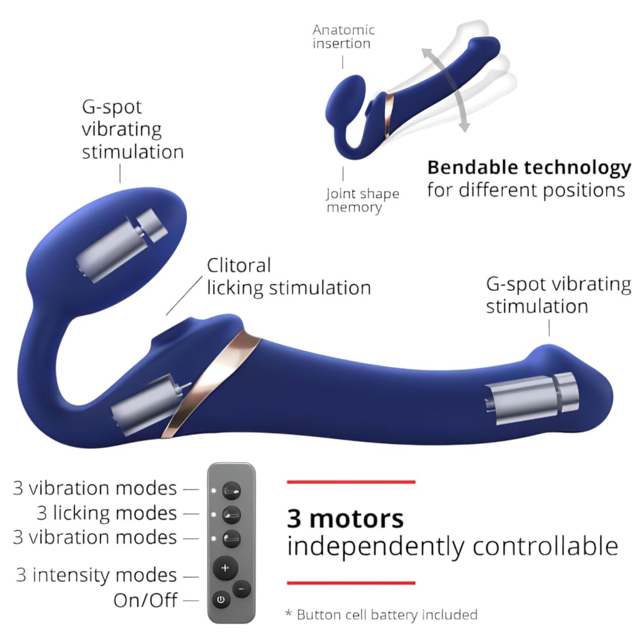 Strap-on-me M - felcsatolható, léghullámos vibrátor (kék)