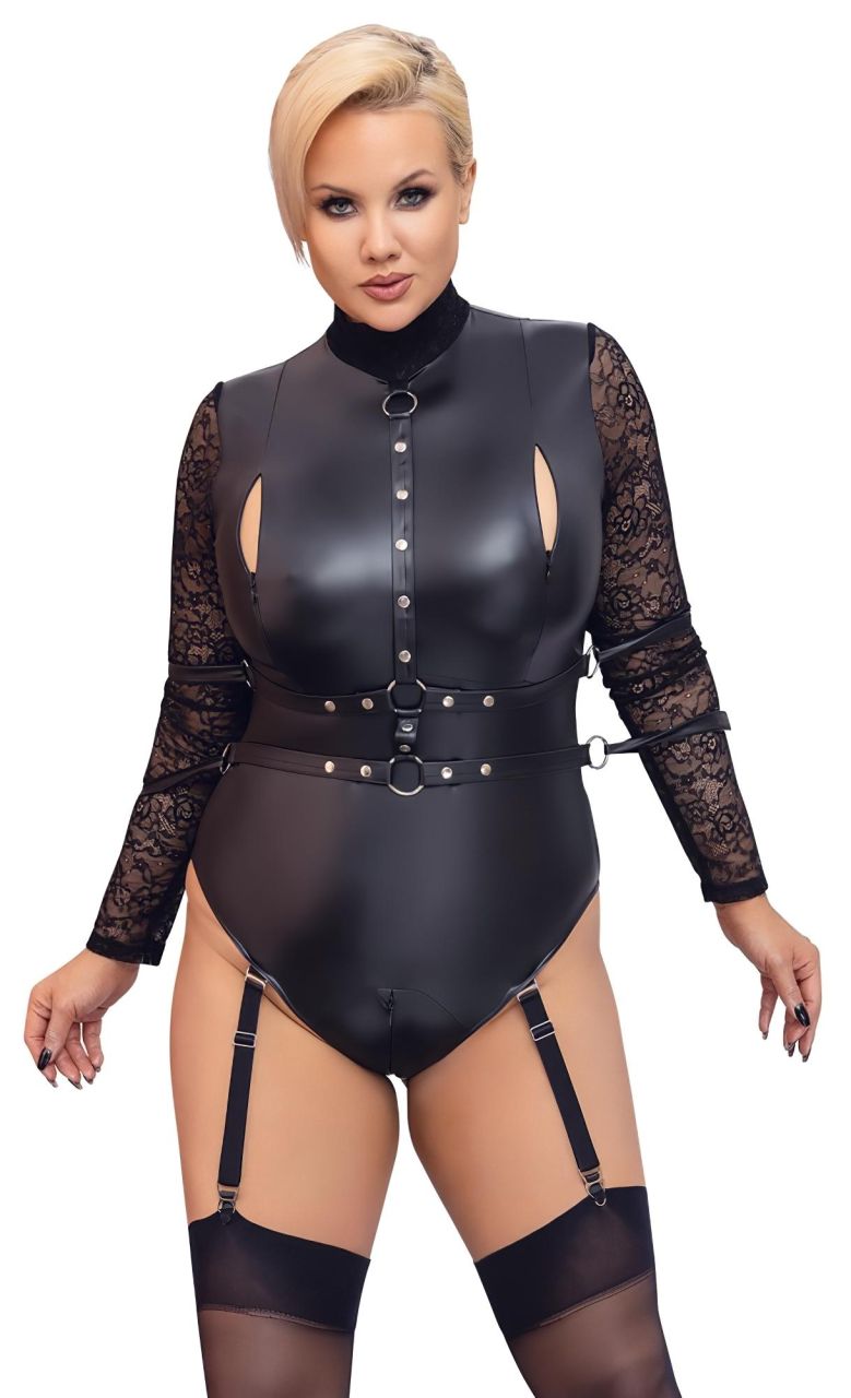 Cottelli Bondage Plus Size - csipkésujjú body (fekete)